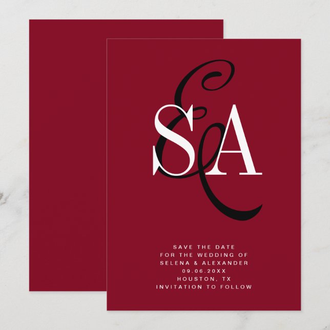 Save The Date Cherry Red Elegant Script Monogram Mariage (Devant / Derrière)