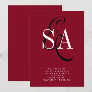 Save The Date Cherry Red Elegant Script Monogram Mariage