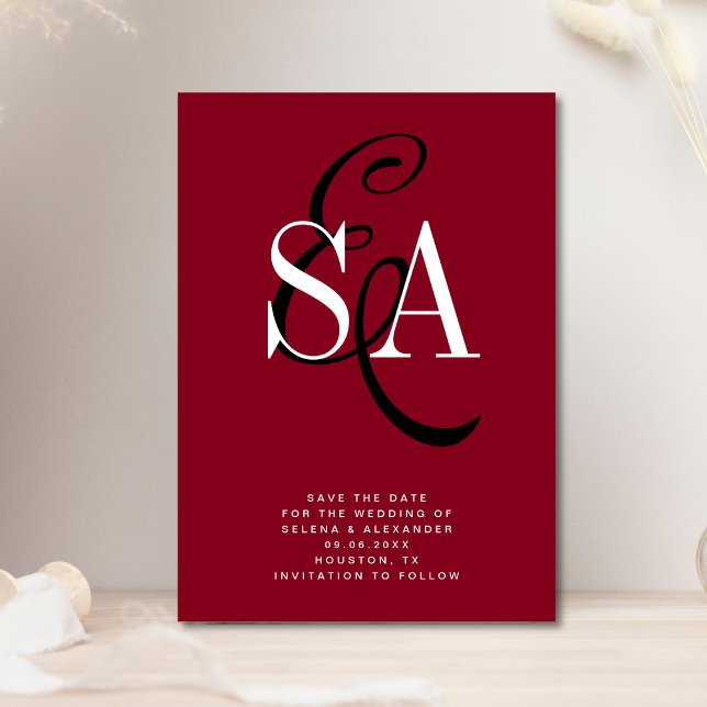 Save The Date Cherry Red Elegant Script Monogram Mariage (Créateur téléchargé)