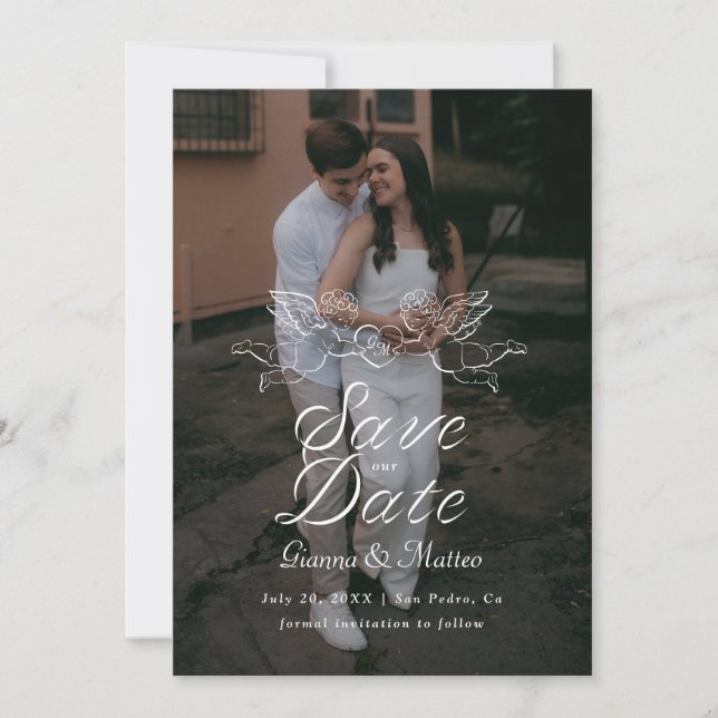Save The Date Cherub Cupid Couple Holding Heart Wedding Photo (Devant)