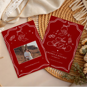 Save The Date Chérubin Dessiné à la Main Cupidon Vintage Rouge M