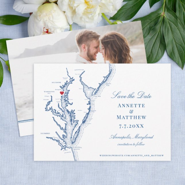 Save The Date Chesapeake Bay Annapolis MD Mariage Bleu de la Mar (Annapolis MD Wedding Map Save the Date with Photo in elegant navy blue from Coastal Map Designs)
