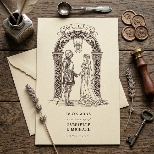 Save The Date Chevalier gothique médiéval  Mariage au sépia (Créateur téléchargé)