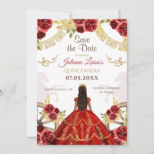 Save The Date Chevaux de Charra en or rouge Floral Quinceañera (Devant)