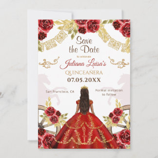 Save The Date Chevaux de Charra en or rouge Floral Quinceañera