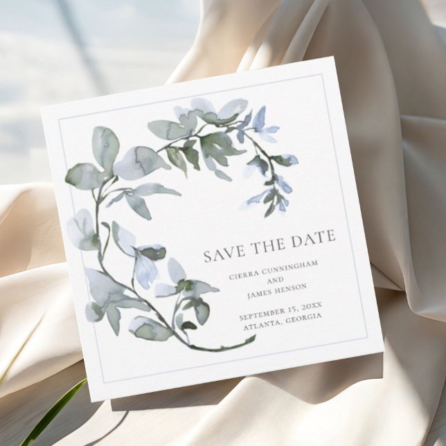 Save The Date Chic aquarelle bleu doux vert sauge floral  (Créateur téléchargé)