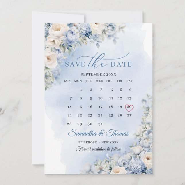 Save The Date Chic aquarelle bleu fleurs calendrier eucalyptus (Devant)
