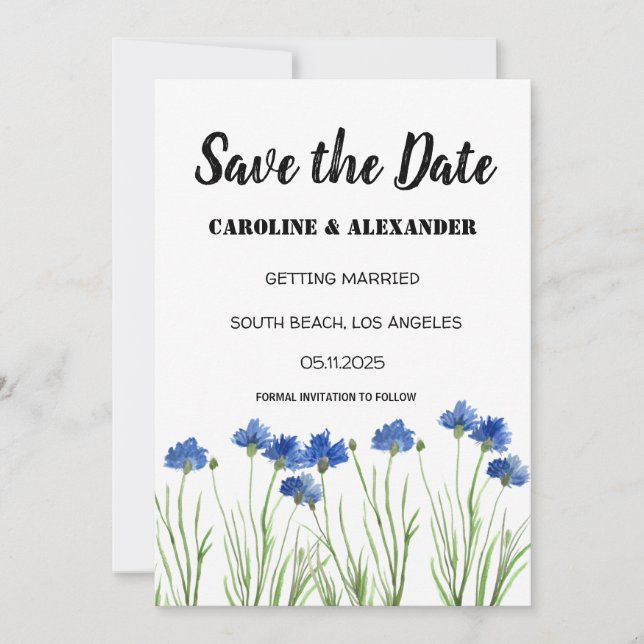 Save The Date Chic Aquarelle Cornflowers Mariage Fleur sauvage (Devant)
