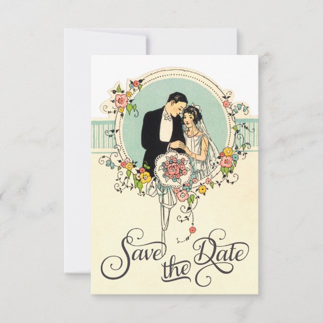 Save The Date Chic Art Déco 1920's Bride & Groom Enregistrer la  (Devant)