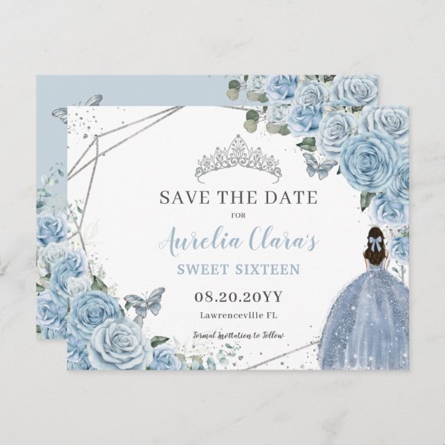 Save The Date Chic Baby bleu Floral Quinceanera Sweet sixteen (Devant / Derrière)