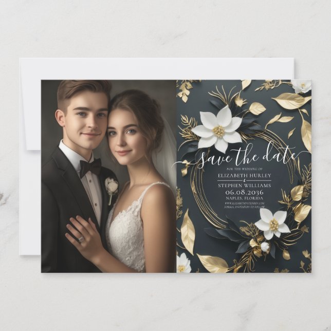 Save The Date Chic Black White Gold Floral Wreath Mariage Photo (Devant)