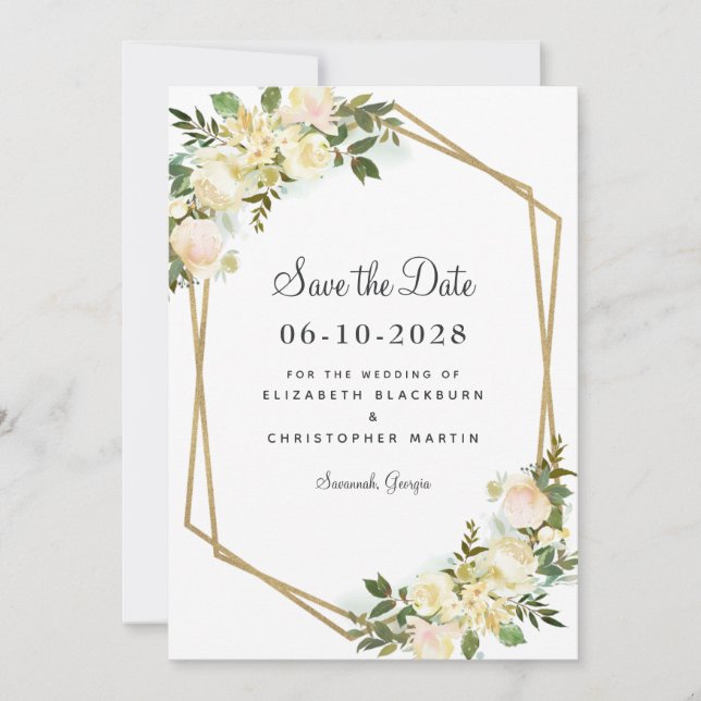 Save The Date Chic Blanc Elégant Mariage Or Verdure Floral (Devant)
