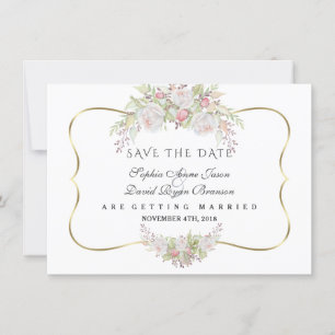 Save The Date Chic blanc rose Roses Marine Mariage bleu or