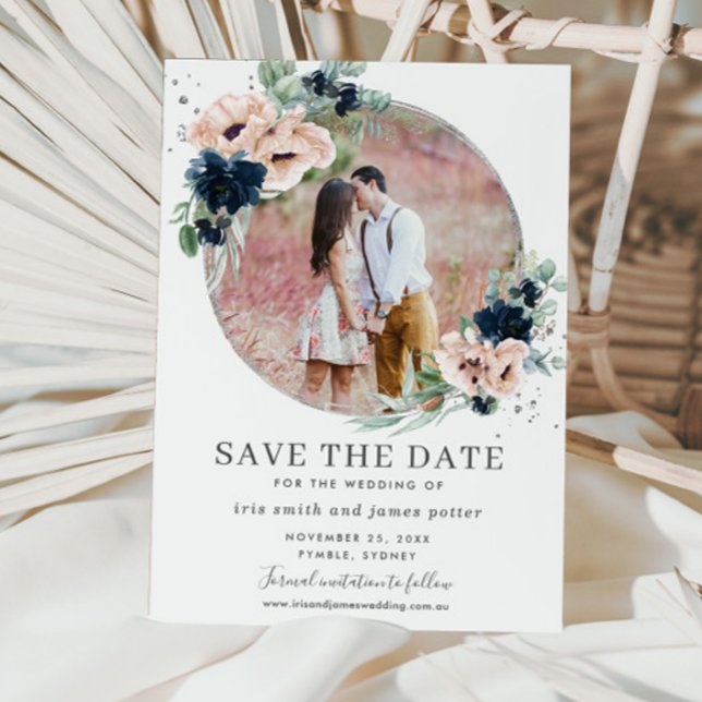 Save The Date Chic Blush Navy Blue Floral Silver Green Photo (Créateur téléchargé)