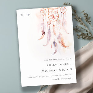 Save The Date Chic Boho Feather Dreamcatcher Watercolor Mariage