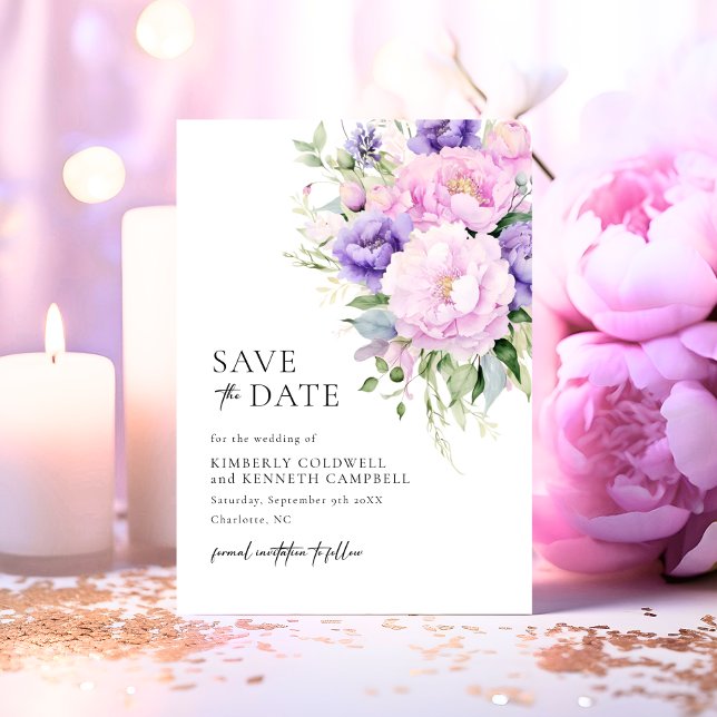 Save The Date Chic Botanique Rose Lavande Violet Mariage (Chic Botanical Pink Lavender Violet Wedding Save The Date)