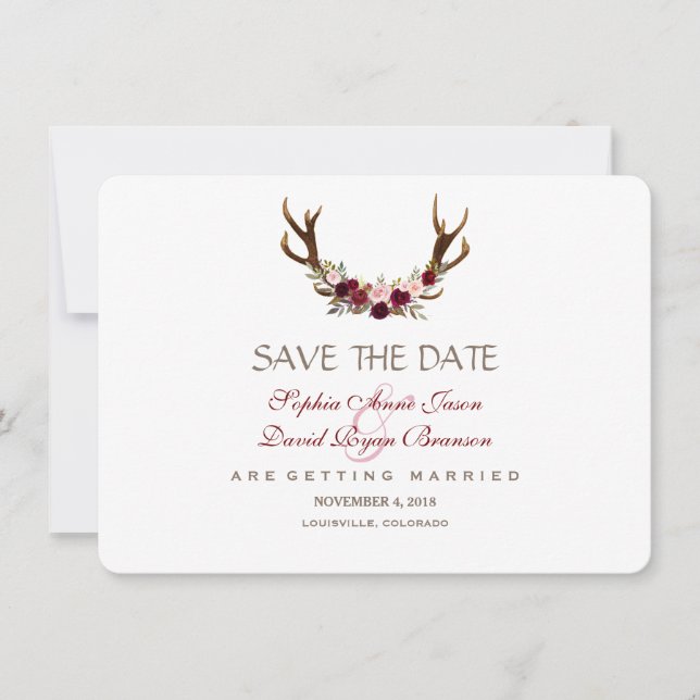 Save The Date Chic Bourgogne Marsala Floral Antlers Enregistrer  (Devant)