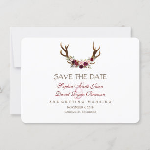 Save The Date Chic Bourgogne Marsala Floral Antlers Enregistrer