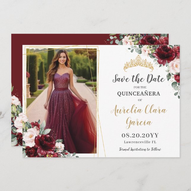 Save The Date Chic Burgundy Blush Pink Floral Quinceanera Photo (Devant / Derrière)