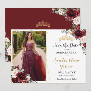 Save The Date Chic Burgundy Blush Rose Floral Quinceanera Photo
