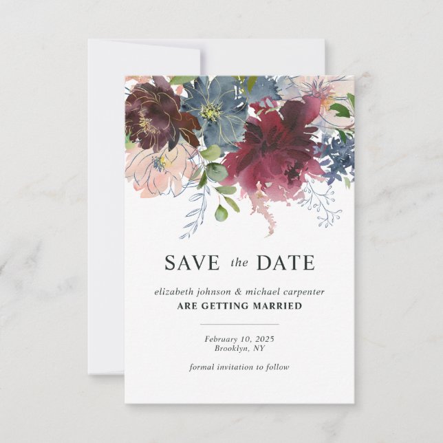 Save The Date Chic Burgundy Dusty Blue Floral Mariage (Devant)
