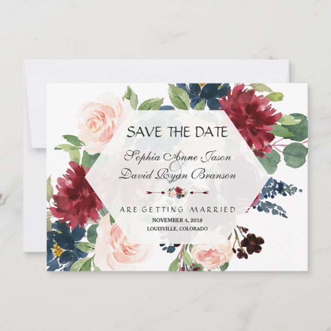 Save The Date Chic Burgundy Floral Hexagon Frame Faire Savoir Da (Devant)