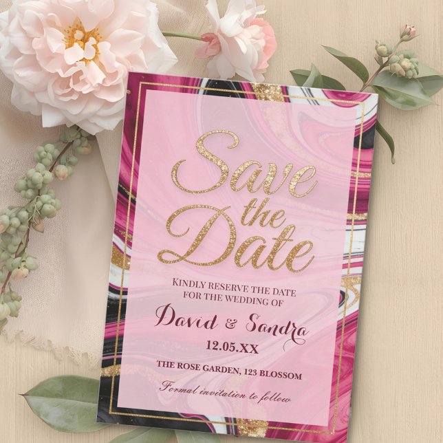 Save The Date Chic Burgundy Gold Agate Marble Modern Wedding  (Créateur téléchargé)