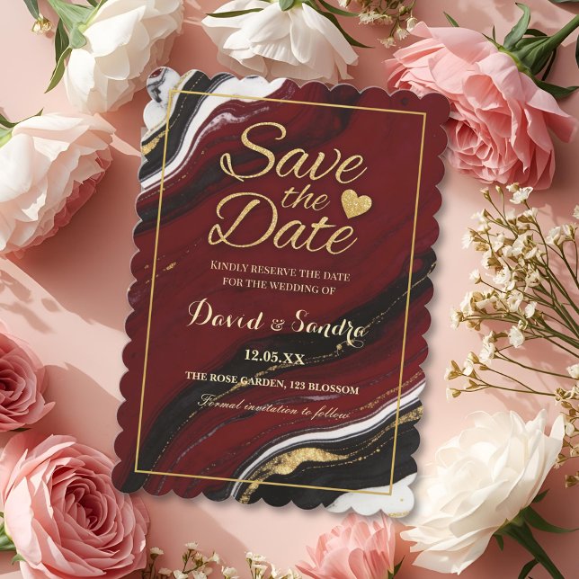 Save The Date Chic Burgundy Gold Agate Marble Modern Wedding  (Créateur téléchargé)