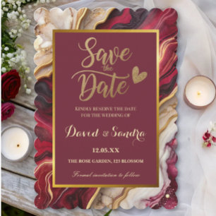 Save The Date Chic Burgundy Gold Agate Marbre moderne Mariage
