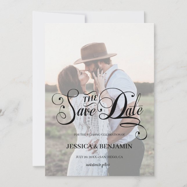Save The Date Chic Calligraphie Effet Vélin Faux Photo Mariage (Devant)