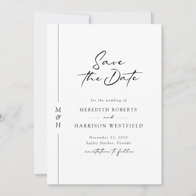 Save The Date Chic Calligraphie Monogramme Mariage noir et blanc (Devant)