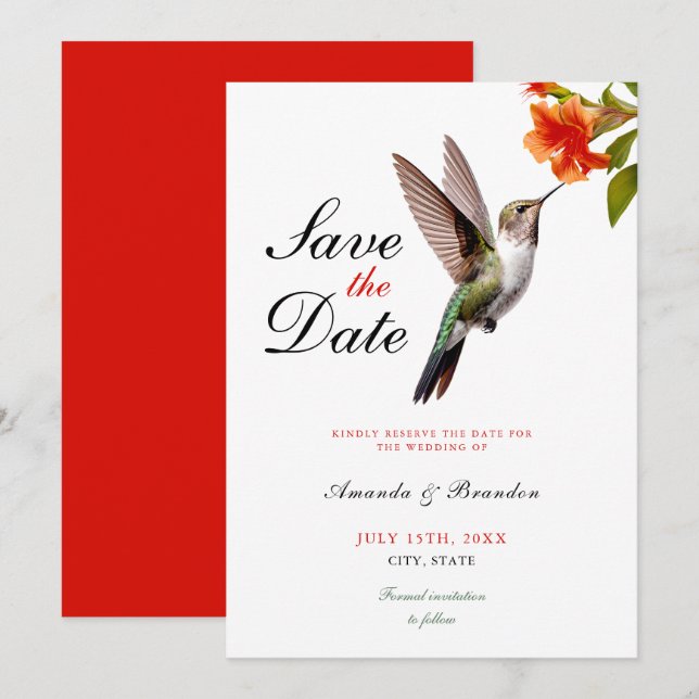 Save The Date Chic colibri et Mariage de fleurs orange (Devant / Derrière)
