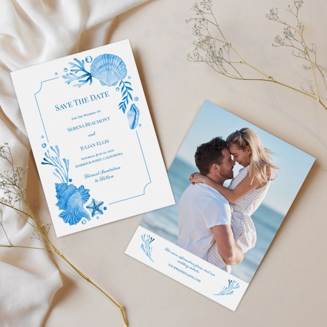 Save The Date Chic Côtier Bleu Marin Coquillages & Étoiles de Me (Coastal Chic Seaside Blue Seashells & Starfish Save The Date)