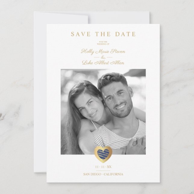 Save The Date Chic Dark Blue & Gold Heart Photo Couple Mariage (Devant)
