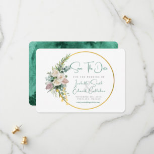 Save The Date Chic Emerald Green Aquarelle Or & Cadre Floral