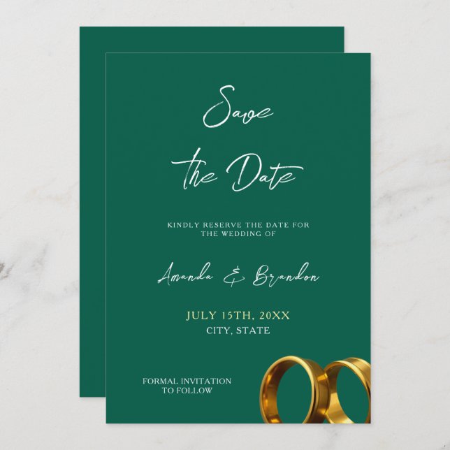 Save The Date Chic Emerald Green Gold Rings Mariage (Devant / Derrière)