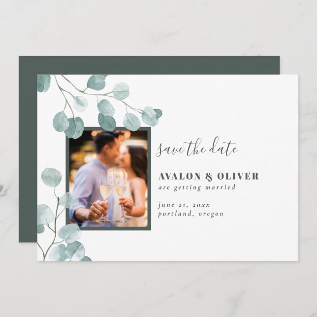 Save The Date Chic Eucalyptus Photo (Devant / Derrière)