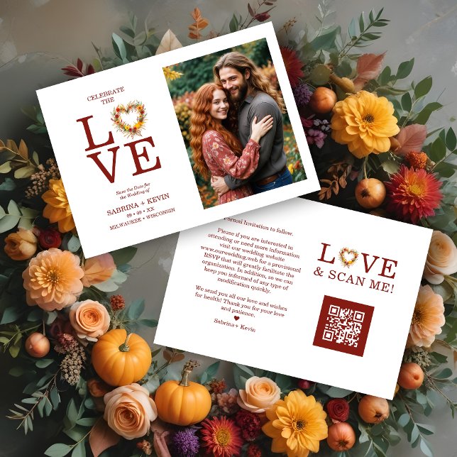 Save The Date Chic Exquisite Love Quote Fall Floral Heart-Shape  (Chic Exquisite Love Quote Fall Floral Heart-Shape Wreath Photo Wedding Save the Dates Cards.)