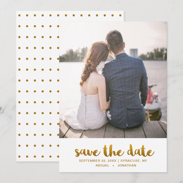 Save The Date Chic Faux Gold Script avec Dots Photo (Devant / Derrière)