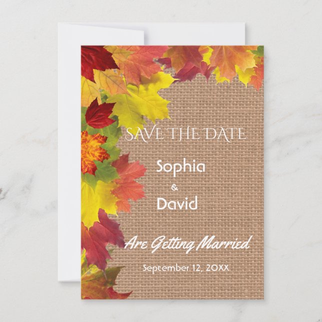 Save The Date Chic Feuilles d'Automne Toile de Jute Mariage ÉVÉN (Devant)