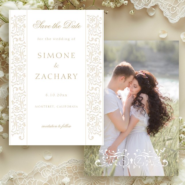 Save The Date Chic Formal Ecru Scrollwork Border Wedding (Créateur téléchargé)
