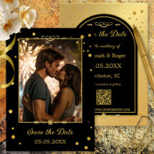 Chic Gold Black Confetti Photo Enregistrer la date