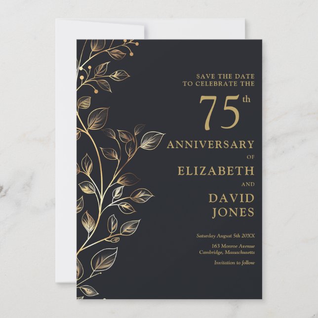 Save The Date Chic Gold Floral 75e anniversaire Mariage (Devant)