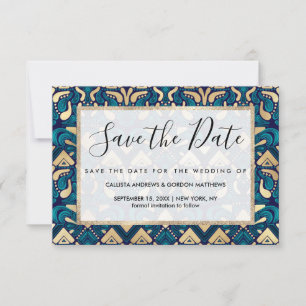 Save The Date Chic Hipster Gold Emerald Blue Tribal Artsy Damask