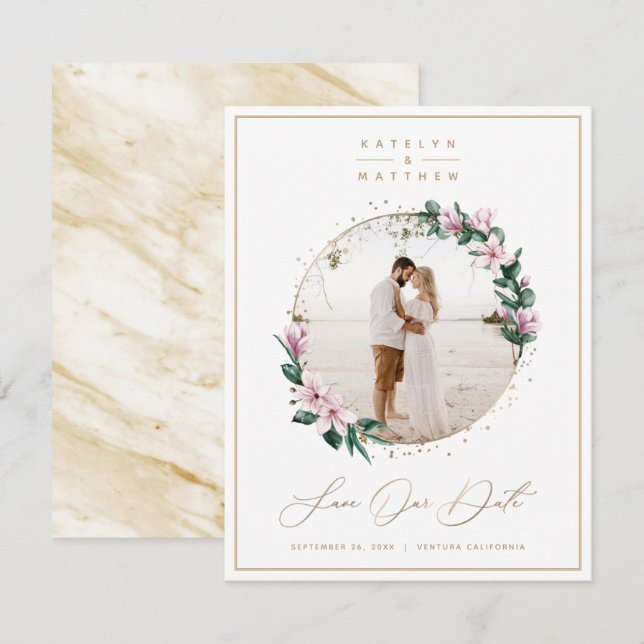 Save The Date Chic Magnolia Floral avec cercle or photo encadrée (Devant / Derrière)