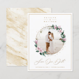 Save The Date Chic Magnolia Floral avec cercle or photo encadrée