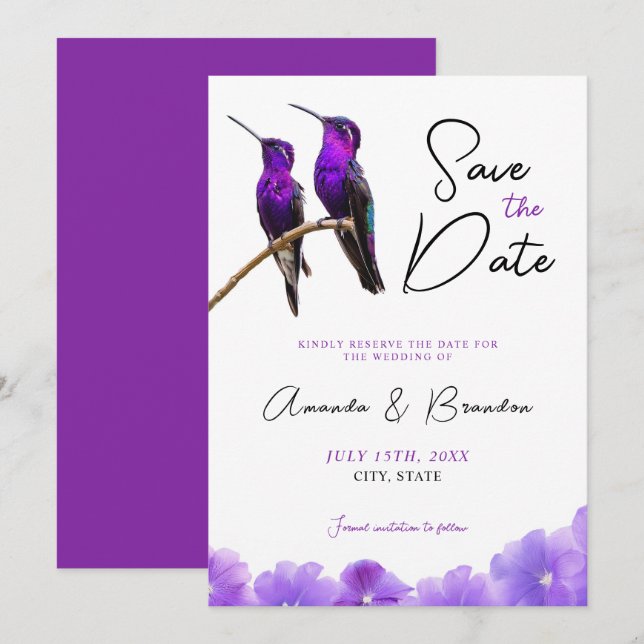 Save The Date Chic Mariage de colibris et de pétales violets (Devant / Derrière)