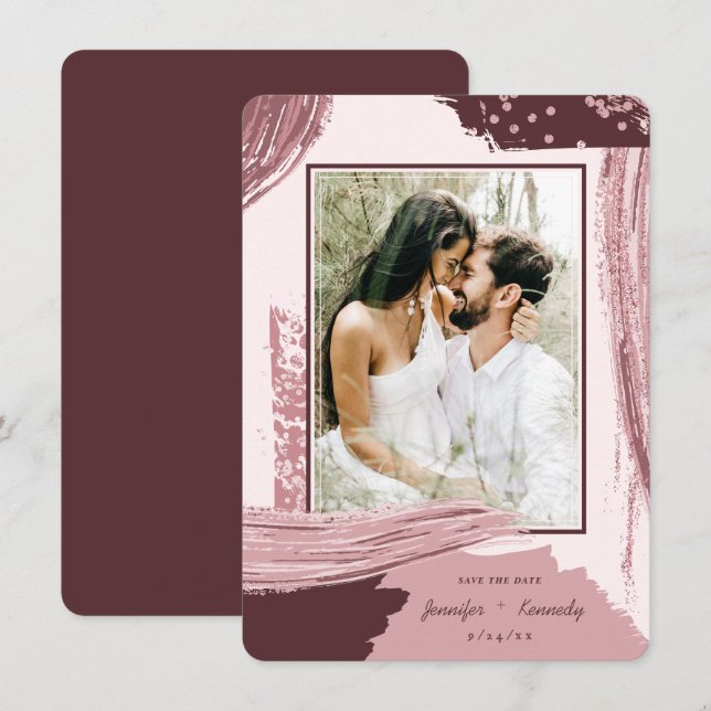 Save The Date Chic Marsala Abstrait Peinture Brush Strokes Photo (Devant / Derrière)