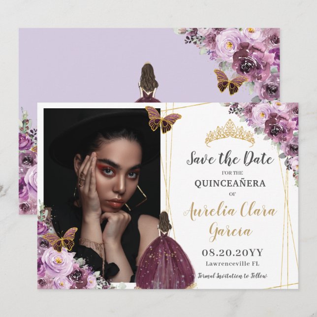 Save The Date Chic Mauve Plum Purple Floral Quinceañera Photo Sa (Devant / Derrière)