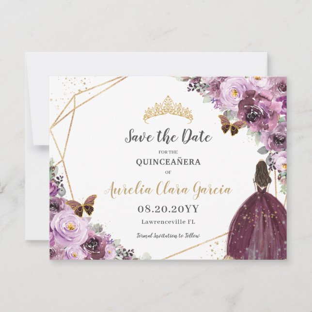 Save The Date Chic Mauve Plum violet Floral Tiara Quinceañera (Devant)